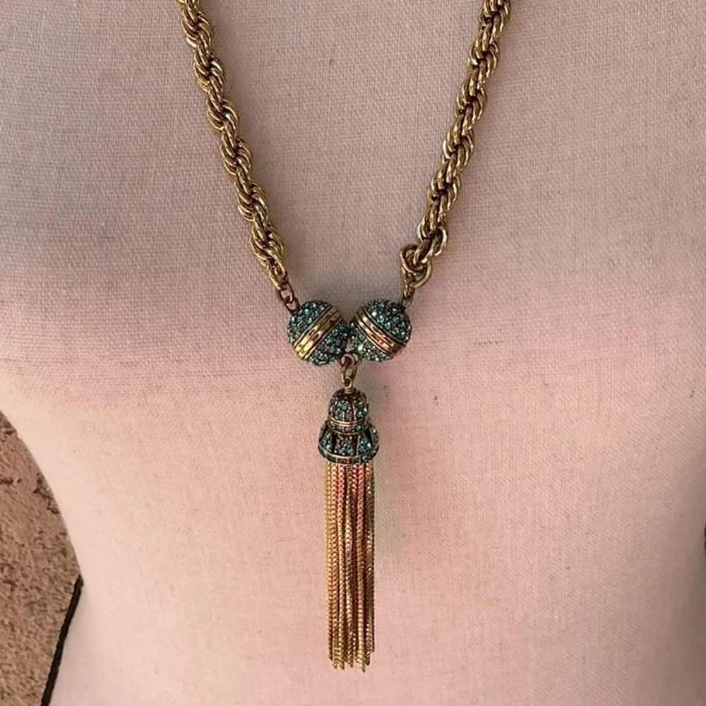 Heidi Daus Gold and Teal Tassel Necklace